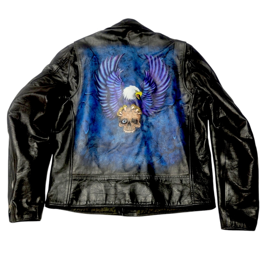 Vtg 70’s Excelled Black Leather Biker Jacket Size 48 Eagle Skull Painting USA